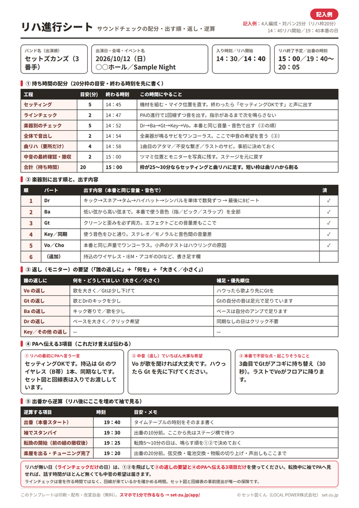 リハ進行シートの記入例。14時40分リハ開始・15時00分終了・19時40分本番の日に、配分表の終わる時刻と返しの要望、PAへ伝える3項目、出番からの逆算を埋めた例