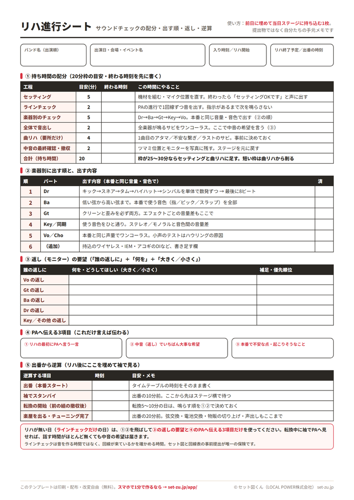 リハ進行シート(A4・記入用)のプレビュー。持ち時間20分の配分表、楽器別に出す順と出す内容、返しの要望をパート別に書く欄、PAへ伝える3項目、出番からの逆算表
