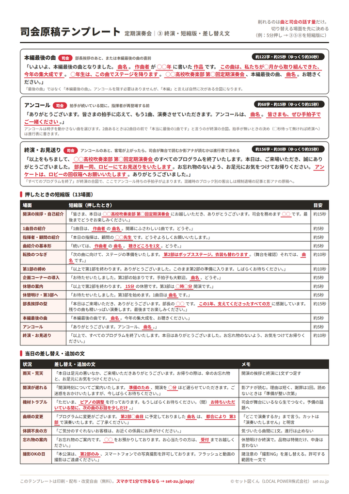 司会原稿テンプレート3ページ目のプレビュー。本編最後の曲・アンコール・終演の原稿と、押したときに使う13場面の短縮版の一覧表、雨天・開演遅延・機材トラブル・曲順変更・体調不良・忘れ物・撮影OKの差し替え文7種